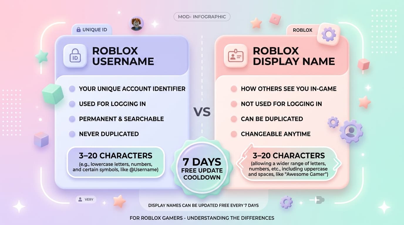 Roblox Username vs Display Name Rules Infographic