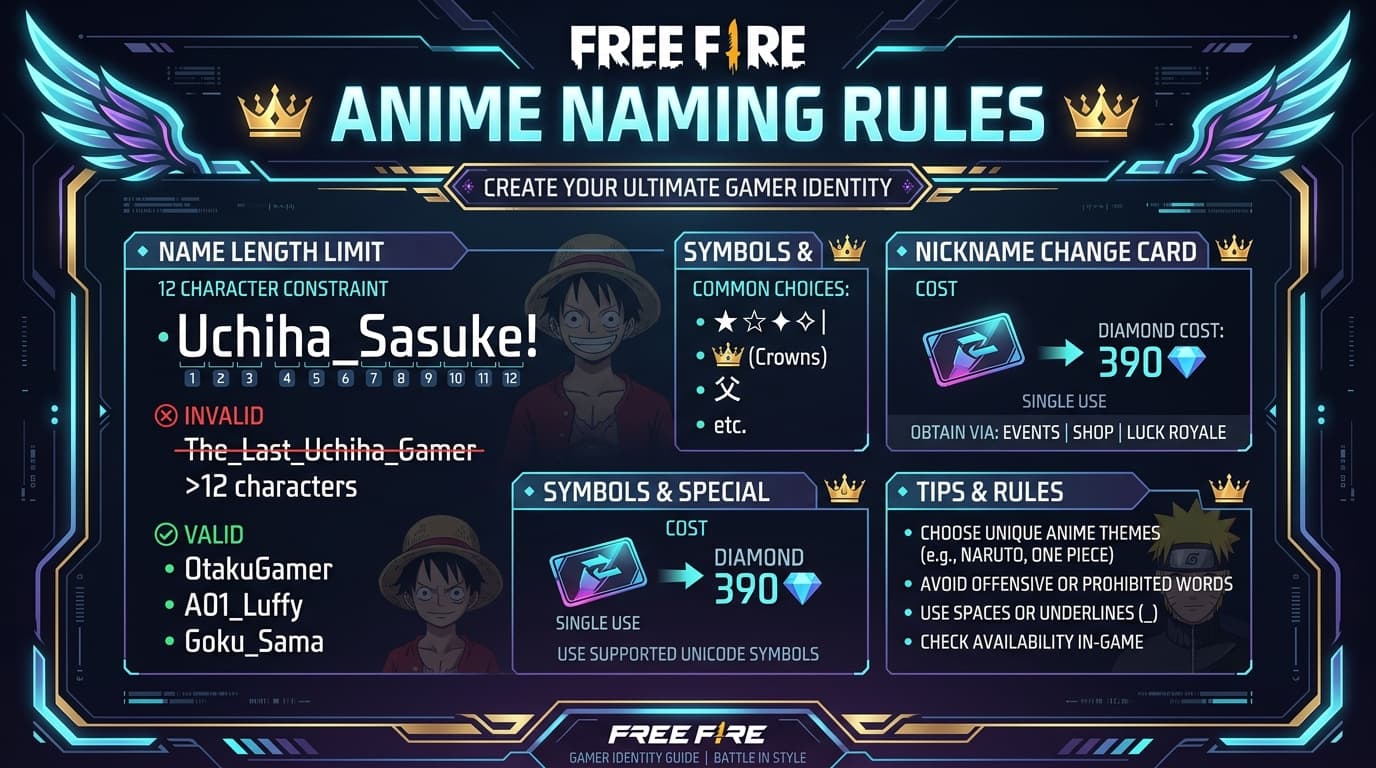 Free Fire Anime Naming Rules and 12 Character Limit Infographic Guide