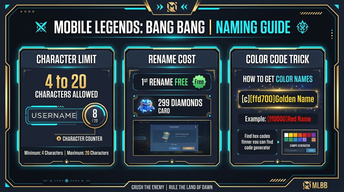 Mobile Legends Naming Rules Infographic Character Limits and Card Costs